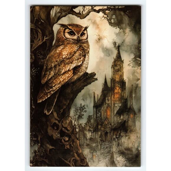 Gothic Postcard Other - Vintage Halloween Owl & Haunted House Photochrome Postcard 5.5x4"